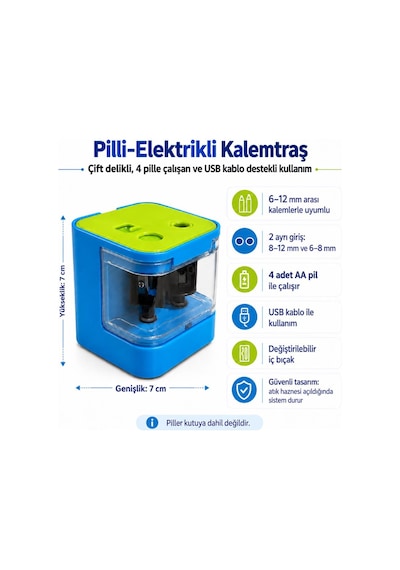 Ofisinn Masaüstü Otomatik Elektrikli Kalemtraş Çift Delikli 4 Aa Pil İle Çalışan Usb Kablo Destekli Mavi