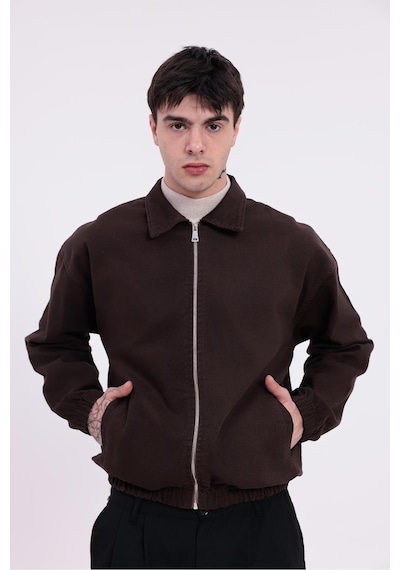 Erkek Gabardin Kumaş Fermuarlı Oversize Beli Lastikli Mevsimlik Ceket-265 Kiremit