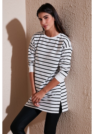 Lela Modest Çizgili Pamuklu Regular Fit Bisiklet Yaka Bayan Tunik 5865784 Beyaz