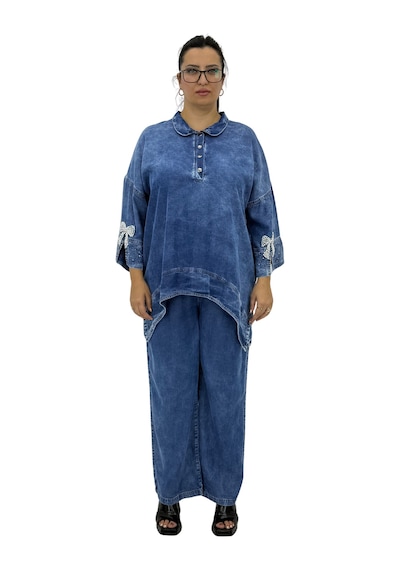 Büyük Beden Denim Tensel İnci Boncuk İşlemeli Kapri Kol Yarım Düğme Detaylı Kadın Takım Mavi Büyük Beden Denim Tensel İnci Boncuk İşlemeli Kapri Kol Yarım Düğme Detaylı Kadın Takım Mavi