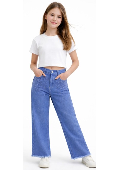 Irem Kız Çocuk Cep Üzeri Salaş Taş Baskılı Bol Paça Model Paçası Püskül Detaylı Mavi Renk Kot Pantolon Mavi Irem Kız Çocuk Cep Üzeri Salaş Taş Baskılı Bol Paça Model Paçası Püskül Detaylı Mavi Renk Kot Pantolon Mavi