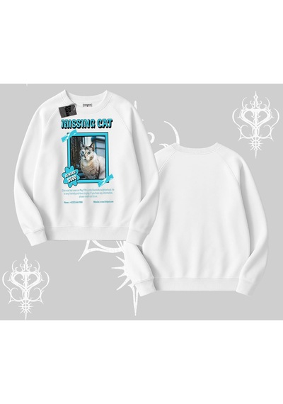 Missing Cat Baskılı Biskilet Sweatshirt Beyaz