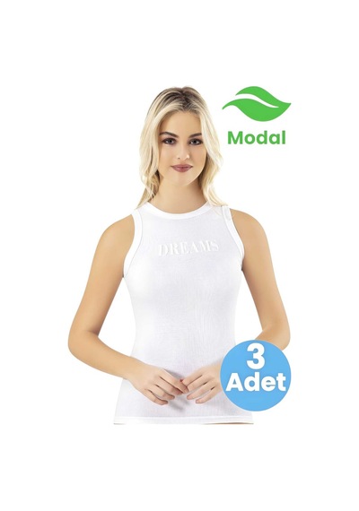 Tezzgelsin Kadın 3'lü Kabartma Baskılı Kaşkorse Modal Atlet Beyaz