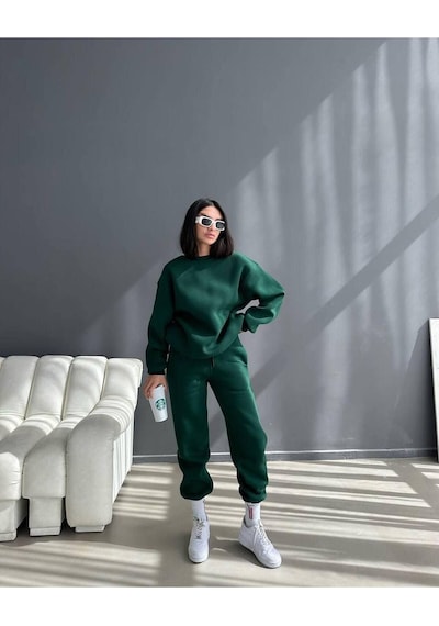 Baskısız Eşofman Takımı Sweatshirt Jogger - Yeşil Oversize Şardonlu Bisiklet Yaka Yeşil