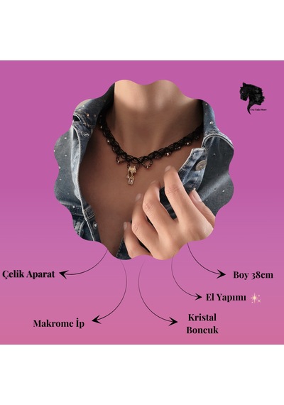 Makrome Bohem İp Örme Yavru Ağzı El Yapımı Bağlamalı Kolye Siyah