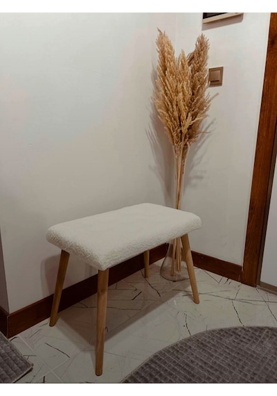 Gürgen Retro Ahşap Ayaklı Handmade Pofidik Puf Bench Koltuk Beyazdüğmeli