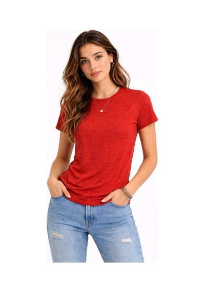 Novalisse Kadın Flam Kumaş Melanj Dokulu Regular Fit Tişört Bisiklet Yaka Yazlık T-shirt - Kiremit Çoklu Renk