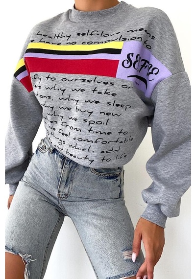 Femelle Yeni Sezon Selfie Baskılı Pamuklu Oversize Sweatshirt Gri