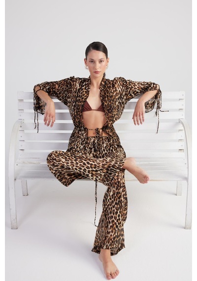 Holly Lolly Beli Lastikli Leopar Desenli Şifon Savage Pantolon Kahve