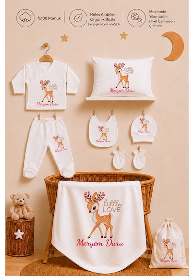 Pia Baby Kız Bebek Hastane Çıkışı 12 Parça %100 Pamuk İsme Özel Organik Baskılı Kese Hediyeli 208111kyx Ekru