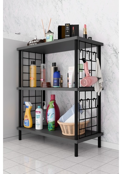 3raflı Telli Çevir Kur Çok Amaçlı Banyo Rafı Dolabı Metal Gövdeli Organizer Düzenleyici Saklama Rafı Antrasit
