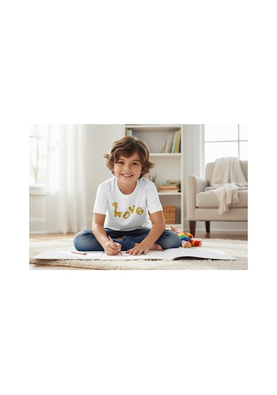 Urbantrendstore Love Zürafa Unisex Kız Çocuk Erkek Çocuk Bisiklet Yuvarlak Yaka Basic Kısa Kollu %100 Pamuk Tişört Beyaz