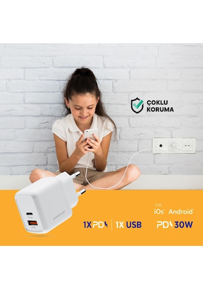 Polosmart Pbs137 Hızlı 1 Usb 1 Pd Çıkışlı 30w Şarj Adaptörü Duvar Şarjı Beyaz