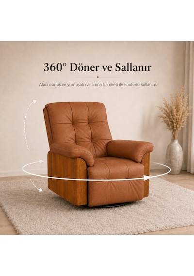 Smarto Relax Berlin Elektrikli Döner Sallanan Tv Koltuğu Kontrol Panelli Ergonomik Kırmızı Deri Baba Koltuğu Kahverengi