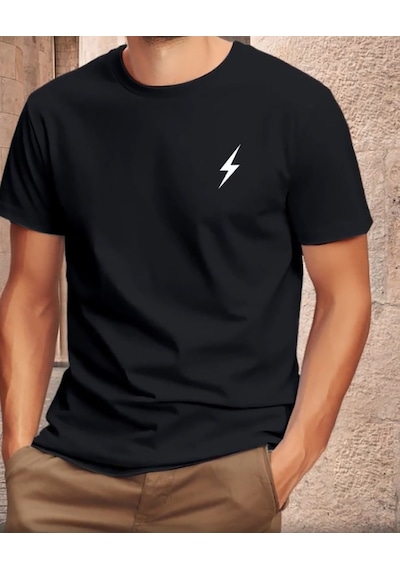 Unisex Pamuklu Sihirli Çizgi Ön Baskılı Tasarım Tshirt SIYAH
