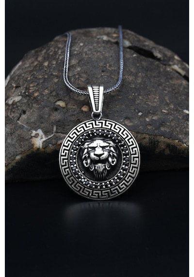 Aslan Figürlü Mikro Taş Süslemeli Grek Desenli 925 Ayar Gümüş Kolye Zincir 901154