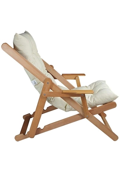 Reyo Bysay Puf Minderli Ahşap Kademeli Kollu Şezlong Bahçe&balkon&teras&plaj Katlanır Şezlong Naturel Krem