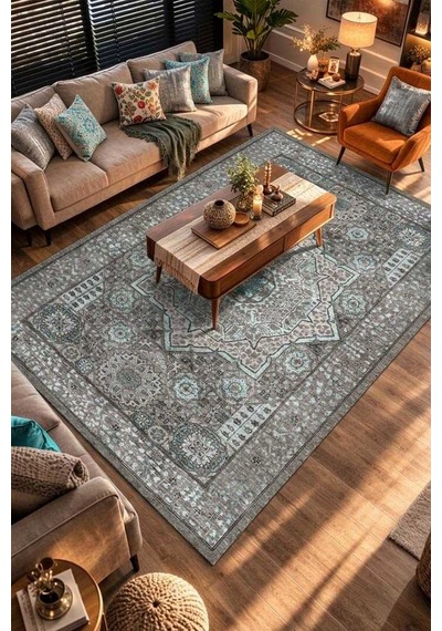 Frenda Home Vintage Desen Pamuk Taban Baskılı Yıkanabilir Gri Halı