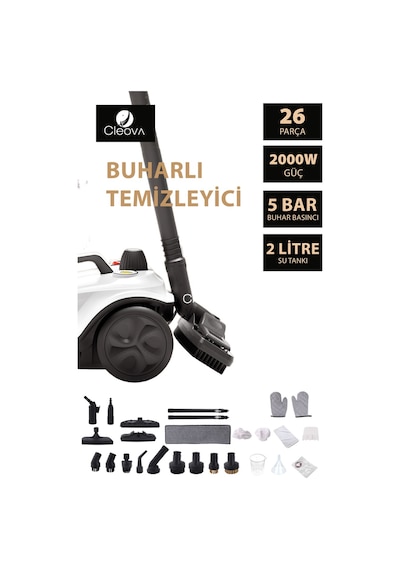 Cleova CLV-4041 2000 W Çok Fonksiyonlu 26 Parça Buharlı Temizleyici Paspas - Buharlı Temizlik Makinası