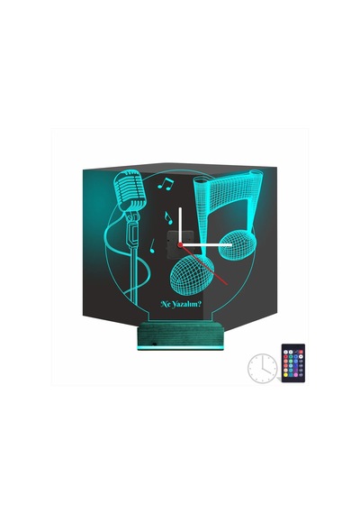 Luvivia Müzik Nota Mikrofon Kişiye Özel Saatli 3d Lamba - Masa Gece Lambası Şeffaf