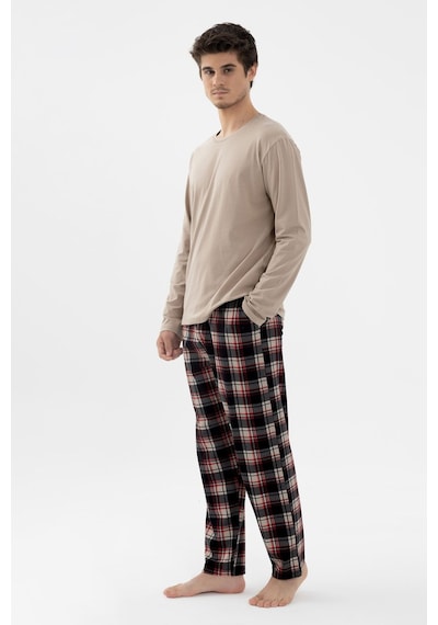 Erkek Pamuklu Uzun Kollu Basic Siyah - Vizon Ekose Desenli Cep Detaylı Pijama Takımı Ko60111 Vizon