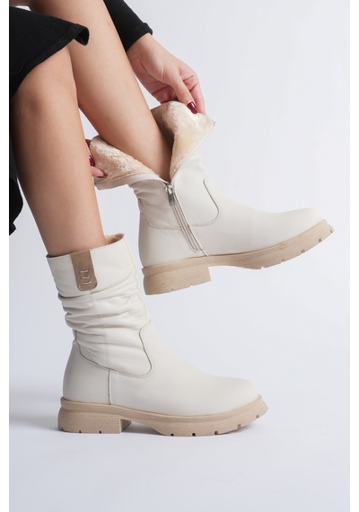 Analin Shoes Kadın Hakiki Deri İçi Kürklü Körüklü Bot Krem