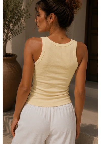 Bb Butik Basic Soft Cotton Fitilli Pamuk Basic Atlet Vücuda Oturan Kalıp Md3571 Sarı