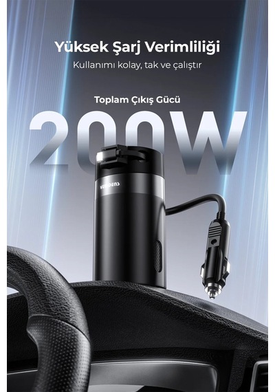 Ven-dens Vd-cc024 200w Maksimum Toplam Çıkışlı Araç İnvertörü, 12 24v Giriş, 200 240v 150w Ac Priz, 12v Dc Çıkış, Usb Ve Type-c Hızlı Şarj, Dahili Type-c Kablo