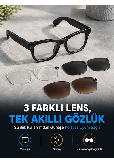 Siyah Akıllı Kamera Gözlüğü Fotoğraf Video Çekimli Bluetooth Aramalı Aı Destekli 3 Değiştirilebilir Lensli - Lisinya