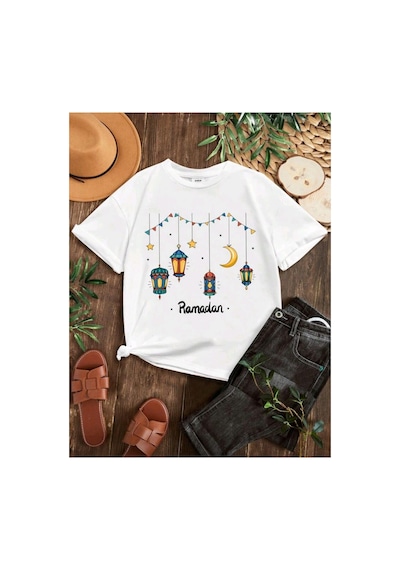 Stil X Ramazan Bayramı Baskılı Kız Çocuk Tshirt, %100 Pamuklu Kumaş Beyaz-2