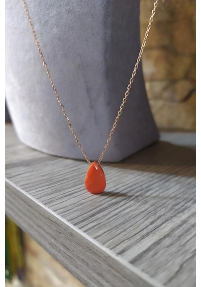 Gümüş Turuncu Renkli Taşlı Bayan Kolyesi Rose Gold