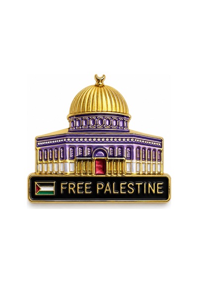 Free Palestine Yazılı Kubbe Figürlü Gold Renk Anlamlı Broş Aksesuarı Açık Gri