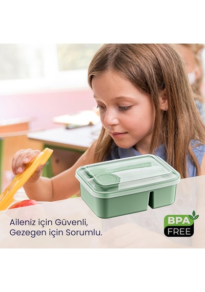 3 Bölmeli Beslenme Kabı 920 Ml Sosluklu Sızdırmaz Kapaklı Bpa İçermez Çatal Kaşık Dahil Lunch Box Bölmeli Yemek Kabı Yeşil