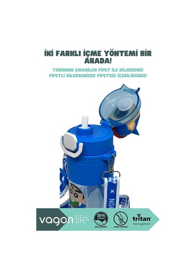 650ml Crayon Shinchan Figürlü Kapak Pipetli/pipetsiz Kullanım El Askılı Tritan Su Matarası Lacivert Çok Renkli