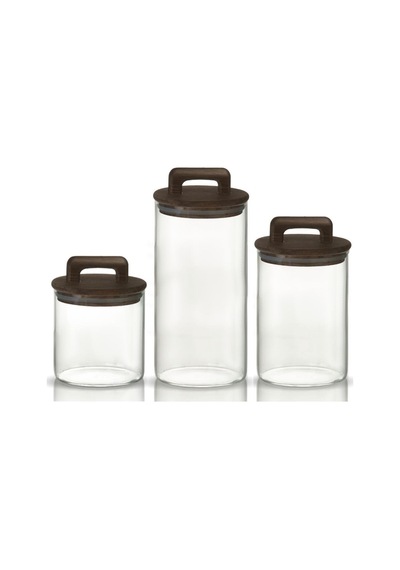 Saplı Akasya Kapaklı Yüksek Borosilikat Cam Saklama Kavanozu 3'lü Seti - 500ml - 1000ml - 1500ml - Şeffaf
