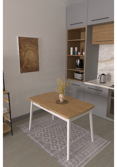 Vilinze Avanos Ahşap Açılır Kapanır Mdf Mutfak Masası - 70x120+30 Cm Naturel Beyaz