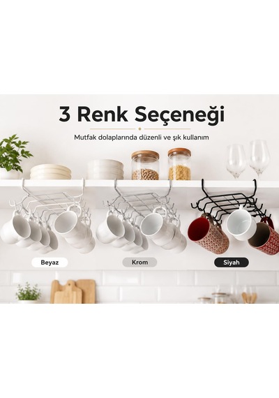 10 Kancalı Siyah Fincanlık, Rafa Geçmeli Kupa Askısı, Dolap Altı Fincan Düzenleyici, Montajsız Metal Mutfak Organizer Beyaz - Çok Renkli