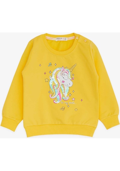 Breeze Kız Çocuk Sweatshirt Baskılı Pullu Unicorn 2-6 Yaş, Sarı-sarı Sarı