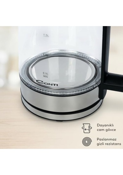 Ck-252 Excellent Kettle 1.8 L Cam Gövdeli Su Isıtıcı 2200w Hızlı Kaynatma Led Aydınlatmalı Paslanmaz Çelik Taban Otomatik Kapanma Gold