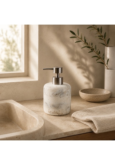 The Voguemaxima Carrara Mermer Görünümlü Sıvı Sabunluk 9x14 Cm Beyaz