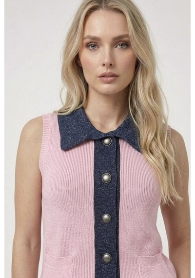 Neden Tekstil Yaka Ve Pat Detaylı Düğmeli Cepli Triko Hırka - Pembe-laci
