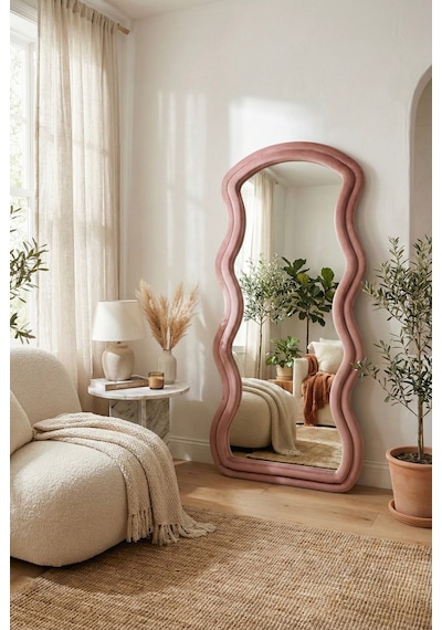 Ayaklı Kumaşlı Boy Aynası - Modern Dalgalı Tasarım Büyük Boy Ayna 182x87 Cm Pembe