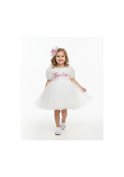 Butikhappykids Kız Çocuk Barbiee Temalı Tütülü Taçlı Elbise 3-7 Yaş Beyaz