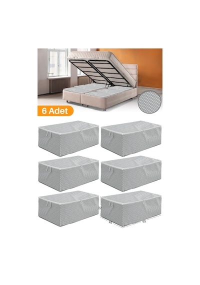 Serstil 6 Adet - Gri Benekli Büyük Boy Baza Altı Ve Çekyat Tipi Hurç 65 X 45 X 22 Cm Beyaz