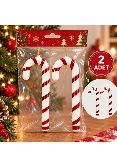 Yılbaşı Çam Ağacı Süsü Baston Şeker 22 Cm - Kırmızı Beyaz Şeker Kamışı Ağaç Süsü 2'li Paket - 9066769807534 Diğer