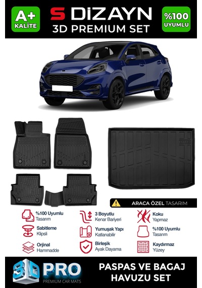 S-dizayn Ford Puma 3d Pro Havuzlu Paspas Ve Bagaj Havuzu Seti 2'li Set 2019 Üzeri A+ Kalite