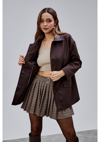 Mia Acı Kahve Ekose Yaka Cepli Oversize Trençkot Kahverengi