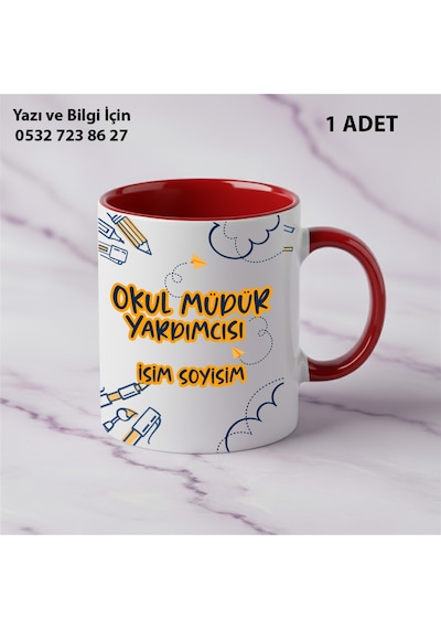 Okul Müdür Yardımcısı Öğretmenler Günü İçin Kişiye Özel İsim Baskılı Kupa Bardak Öğretmene Hediyelik Kırmızı
