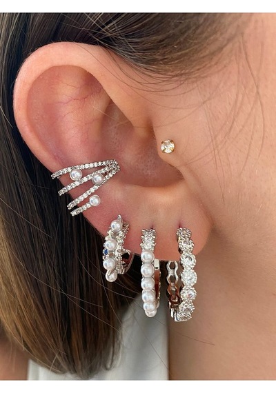 Top İncili 4 Sıra Taşlı Kadın Earcuff Kıkırdak Küpe 001