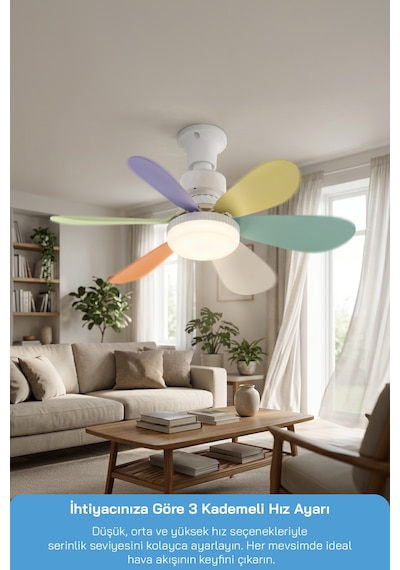 Sf-7708 3 Led Aydınlatmalı Sessiz Tavan Vantilatörü Kumandalı 6 Kanatlı